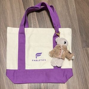 NEW Limited Edition Fabletics Cream and Purple Tote with Bear Charm